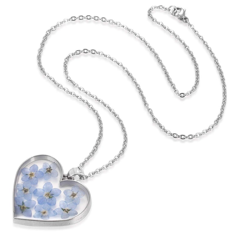 FM FM42 Dried Pressed Blue Forget-me-not Flowers Love Heart Dangle Earrings & Pendant Necklace Jewelry Set - Image 2